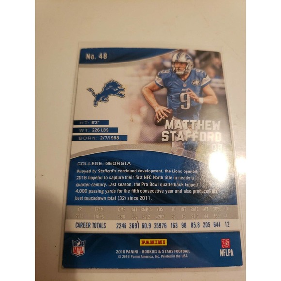 2016 Panini Rookies & Stars #48 Matthew Stafford - Detroit Lions - NFL - Picture 2 of 2